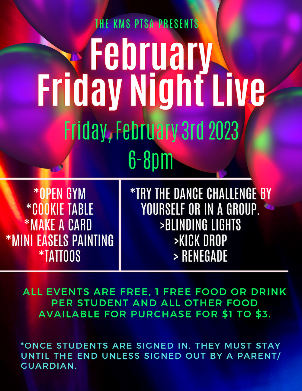 Friday Night Live poster. February 3, 2023 from 6-8pm at the Kodiak Middle School.