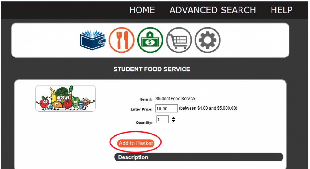 Food services screen showing a circle around the Add to Basket button. 