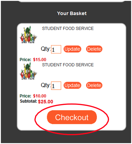 Food services screen showing a red circle around the Checkout button. 
