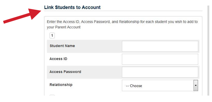 Visual of the Link Students to Account screen as describes in the text instructions above this image. 
