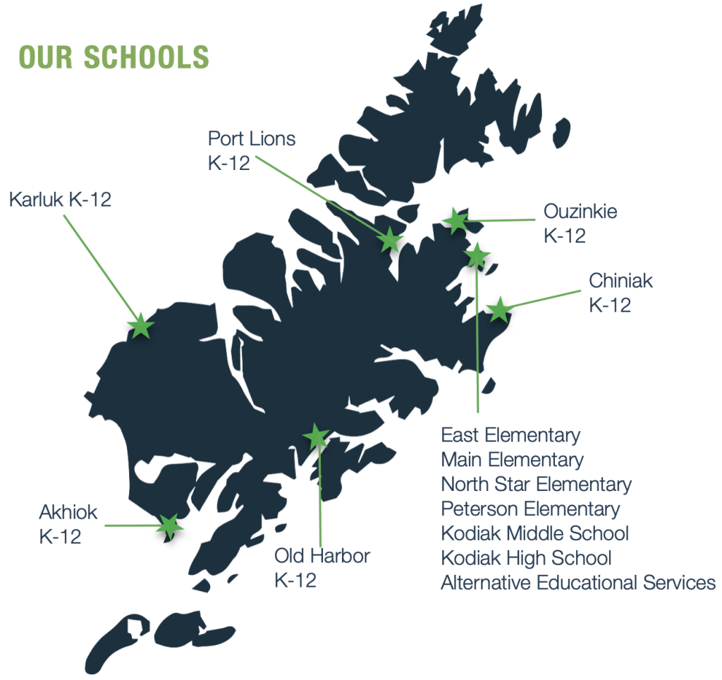 Map of Kodiak Alaska showing the location of all schools